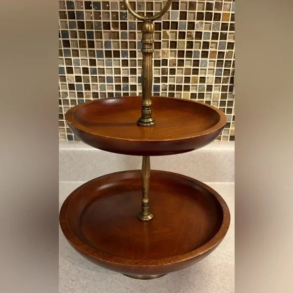 Mango Wood 2 Tier Cupcake Server Tray Mid Century - Picture 5 of 16